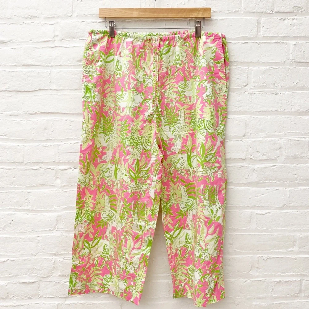 Lilly Pulitzer || Cotton Pajama Lounge Pants Pink Green Party Animals XL